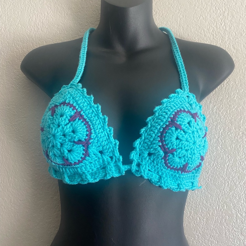 Crochet Halter Bikini Top in Blue and Purple